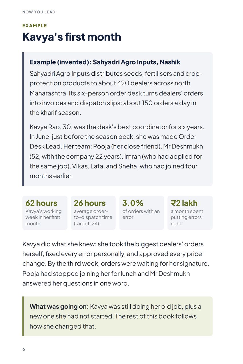 Now You Lead, Example: Kavya's first month