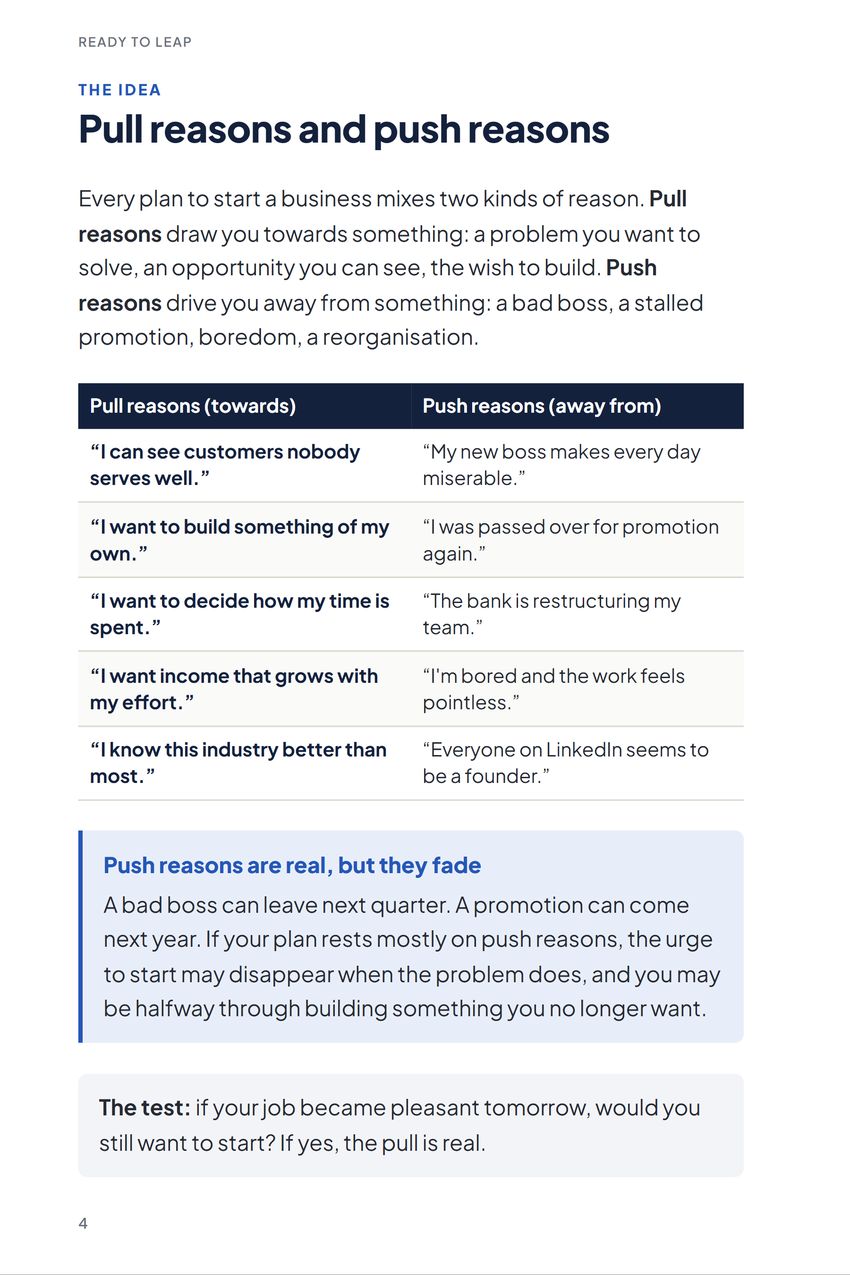 Ready to Leap, The idea: Pull reasons and push reasons