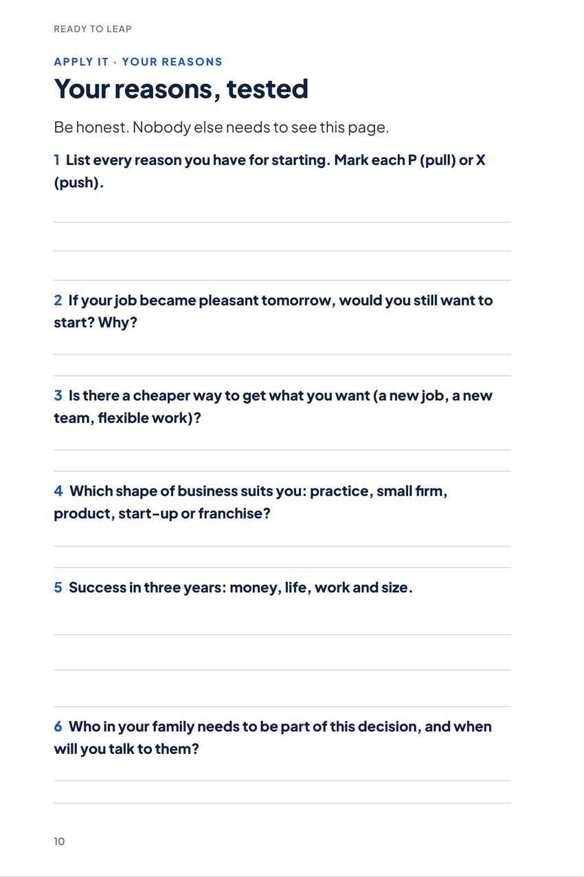 Ready to Leap, Worksheet: Your reasons, tested
